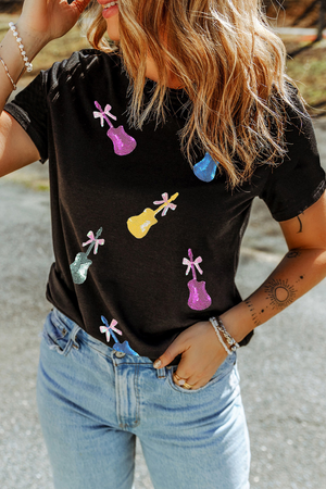 Black Sequined Bow Guitar Country Music Festival Casual Tee