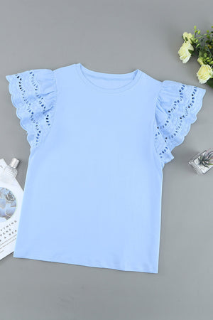 White/Black/Blue/Green Hollow Out Ruffle Sleeve T-shirt