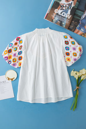 White Embroidered Smocked Neck Puff Sleeve Top