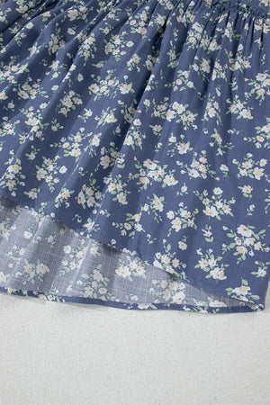Blue Floral Spaghetti Strap Frilled V Neck Tiered Midi Dress