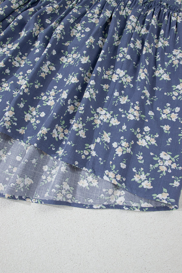 Blue Floral Spaghetti Strap Frilled V Neck Tiered Midi Dress