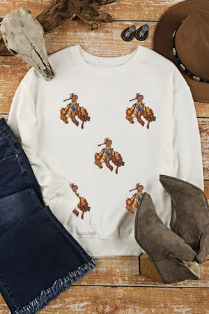 White Sequin Rodeo Patched Drop Shoulder Sweatshirt