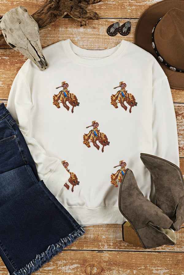 White Sequin Rodeo Patched Drop Shoulder Sweatshirt