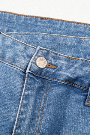 Blue Mid Rise Asymmetrical Waist Wide Leg Jeans