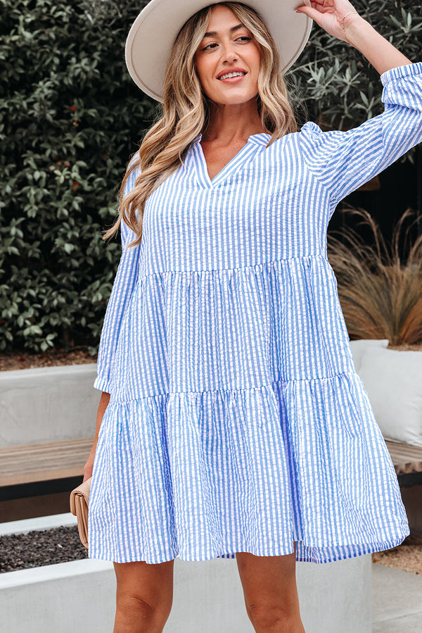 Sky Blue Stripe Bracelet Sleeve Tiered Shift Dress with Pockets