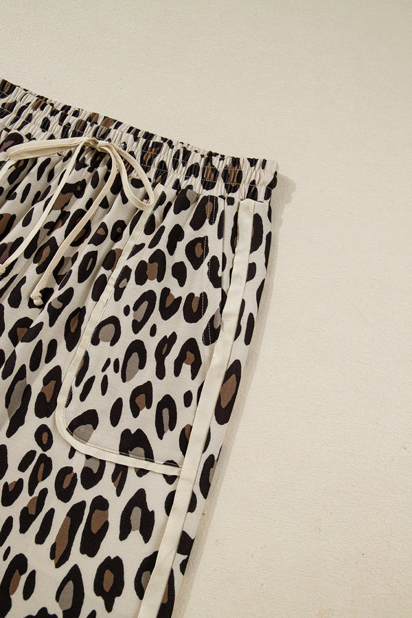 Khaki Leopard Wide Leg Cropped Pants