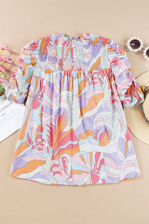 Pink Abstract Print Bubble Sleeve Smock Detail Blouse