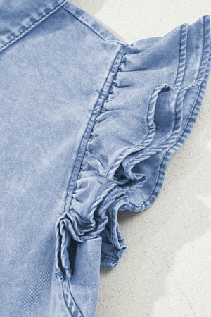 Beau Blue Double Ruffled Sleeves Buttoned A-line Collared Mini Denim Dress