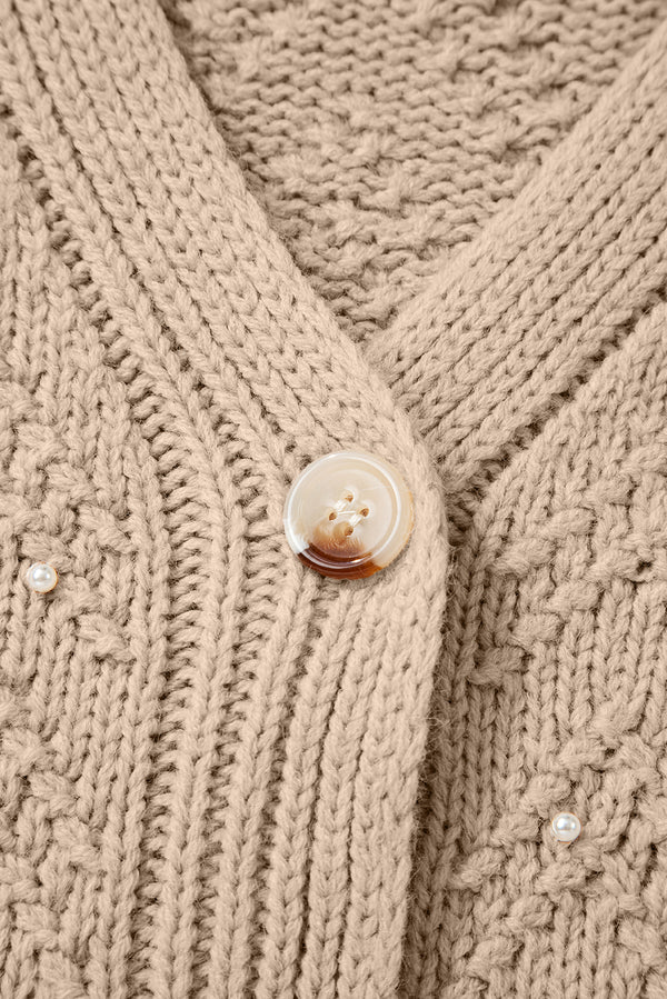 Smoke Gray Pearl Embellished Button Front V Neck Sweater Cardigan
