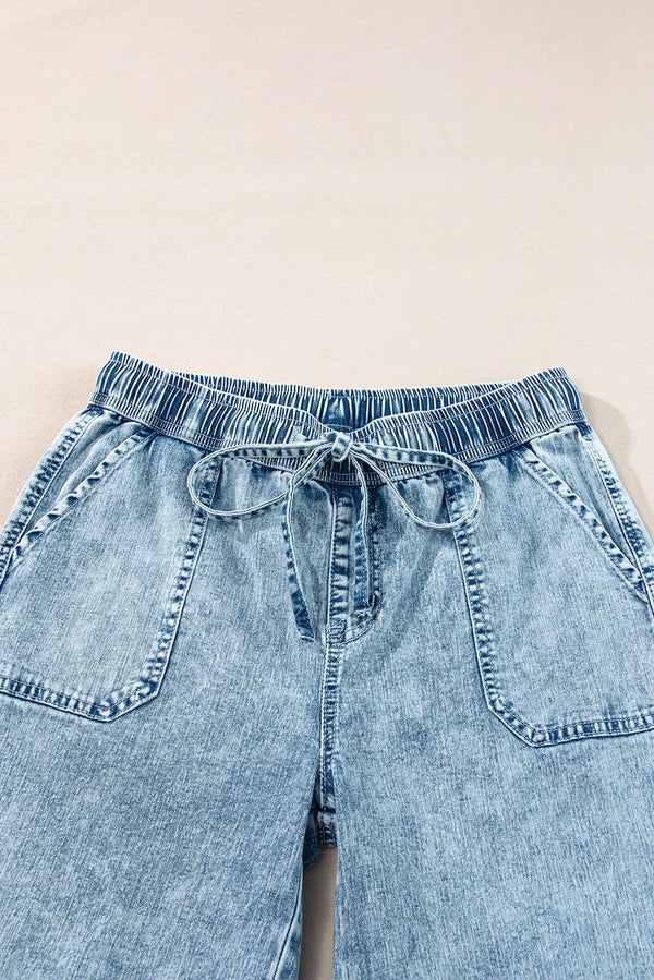 Myosotis Mineral Wash Drawstring Elastic Waistband Loose Straight Denim Pants