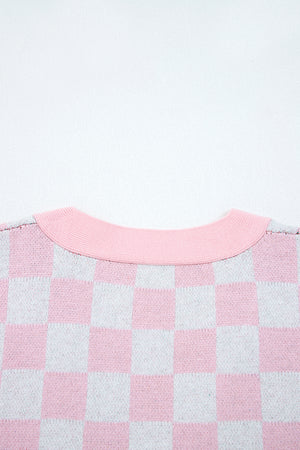 Pink Checkered Christmas Tree Pattern Button V Neck Cardigan Sweater