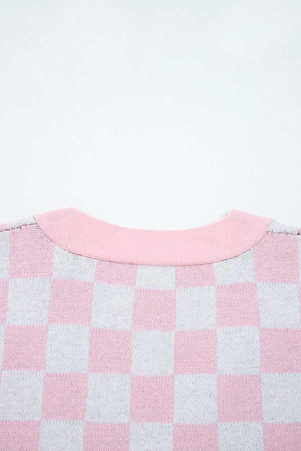 Pink Checkered Christmas Tree Pattern Button V Neck Cardigan Sweater