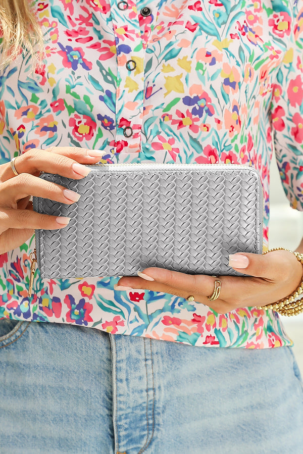 Medium Grey Woven Textured Zip Around Long Wallet