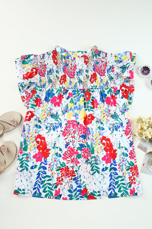 Fiery Red Plus Floral Print Ruffle Cap Sleeve V Neck Blouse