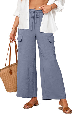 Dark Grey Drawstring Frilled Elastic Waistband Wide Leg Utility Trousers