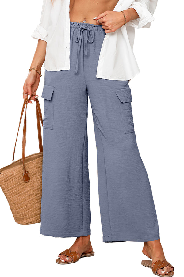 Dark Grey Drawstring Frilled Elastic Waistband Wide Leg Utility Trousers