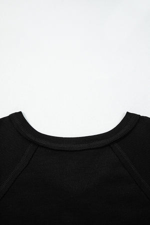 Black Exposed Seam Textured Knit V Neck Pullover Top