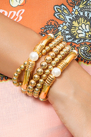Gold 5pcs Pearl Plated Beaded Bracelet Set