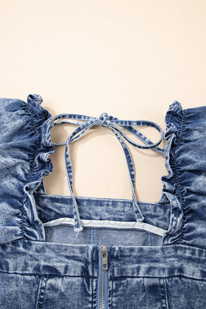 Blue Frilly Square Neck Bustier Puff Sleeve Short Denim Dress