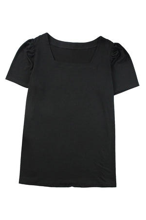 Black Plus Size Square Neck Ruched Shoulder Short Sleeve Top