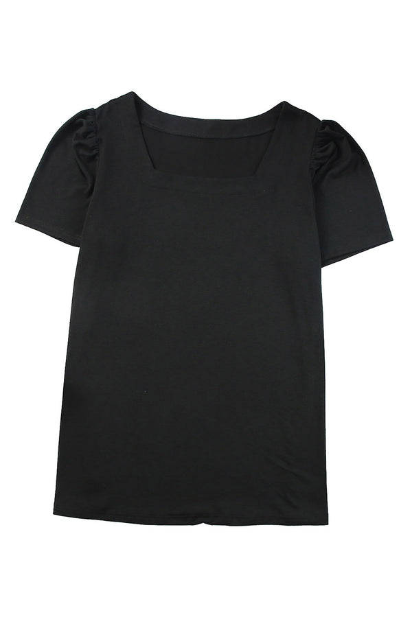 Black Plus Size Square Neck Ruched Shoulder Short Sleeve Top