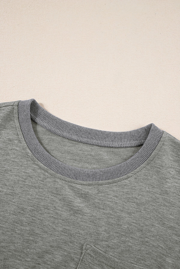 Light Grey Exposed Seam Chest Pocket Split Loose T Shirt