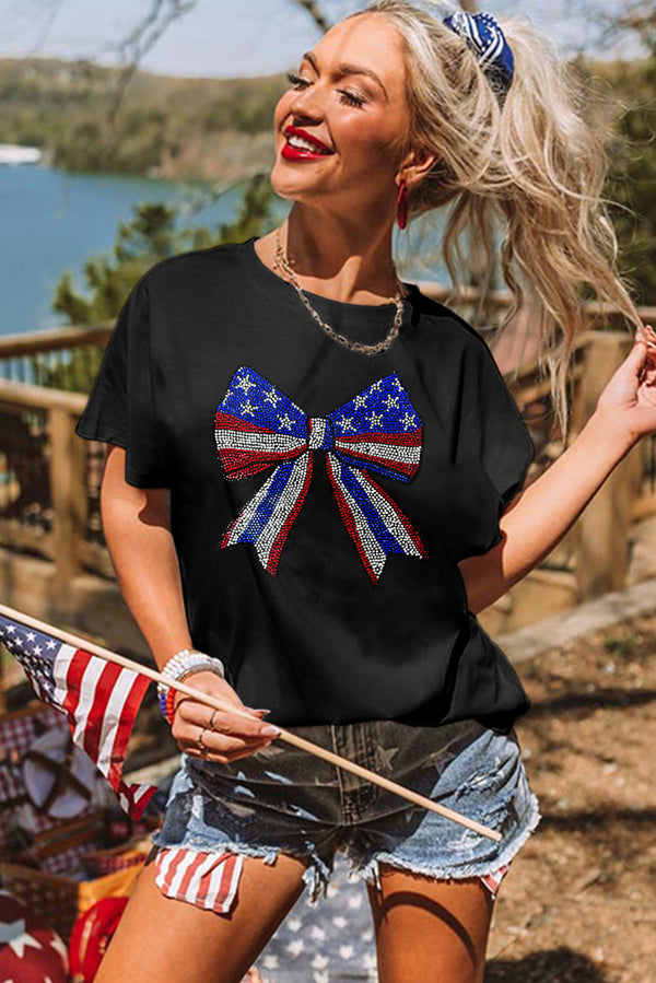 Black Rhinestone Stars and Stripes Bow Graphic Independence Day T Shirt