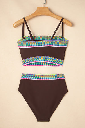 Coffee Contrast Banding Tube Bikini High Waist 2pcs Swimsuit