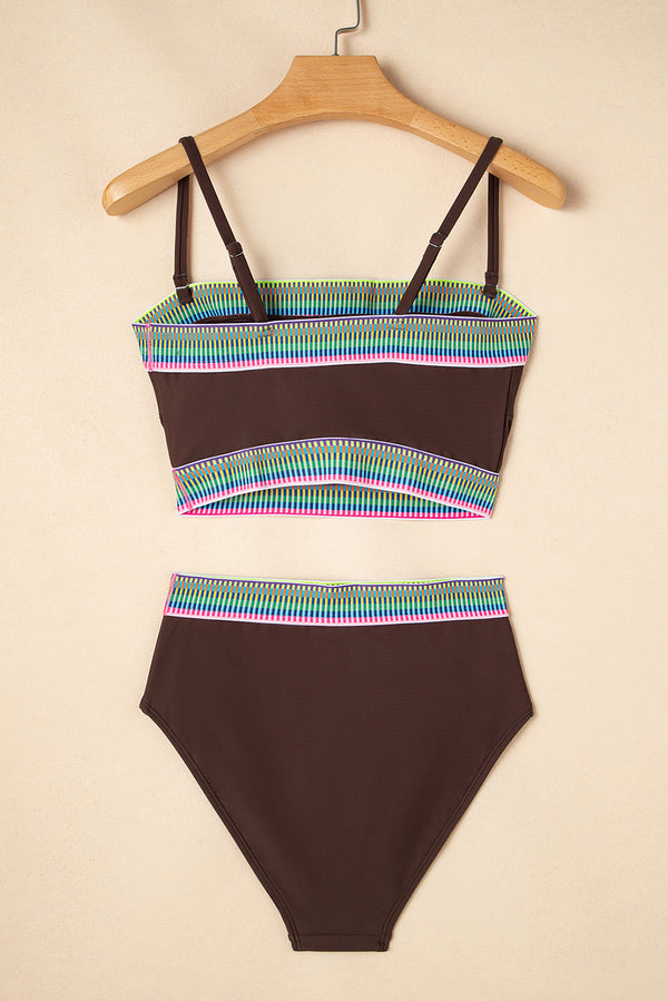 Coffee Contrast Banding Tube Bikini High Waist 2pcs Swimsuit