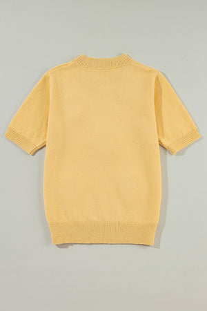 Yellow Cream Cute Flower Applique Short Sleeve Sweater