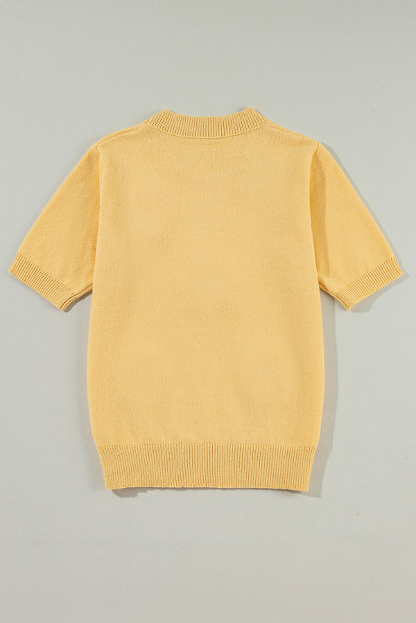 Yellow Cream Cute Flower Applique Short Sleeve Sweater