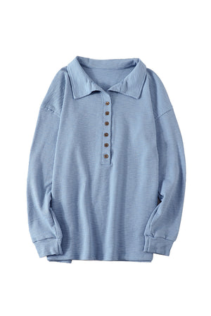 Sky Blue Button Front Turn-down Neck Knit Top