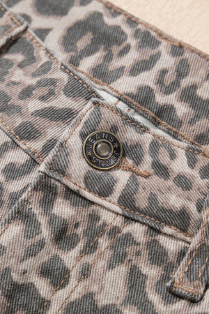 Brown Leopard Frayed Edge Wide Leg High Waist Jeans
