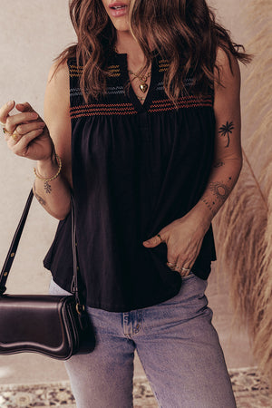 Black Colorful Shirred Yoke Notched V Neck Tank Top