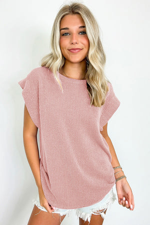 Sepia Rose Twisted Rib Wide Sleeve Crew Neck T Shirt