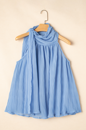Myosotis Textured Pleated Tied Mock Neck  Flowy Tank Top