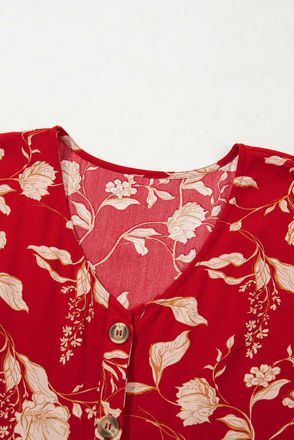 Red Floral Print Buttoned Front V Neck Tiered Short Sleeve Midi Dress