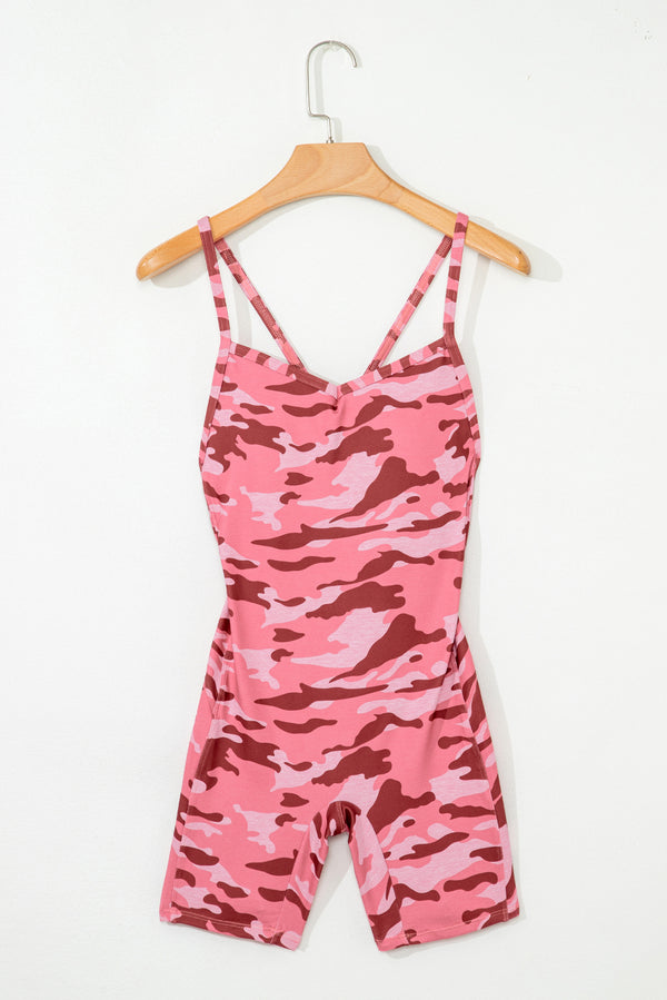 Pink Camouflage Strappy Open Back Active Romper
