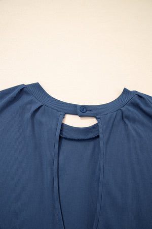Ashleigh Blue Knit Open Back Cap Sleeve Drawstring Elastic Waistband Romper