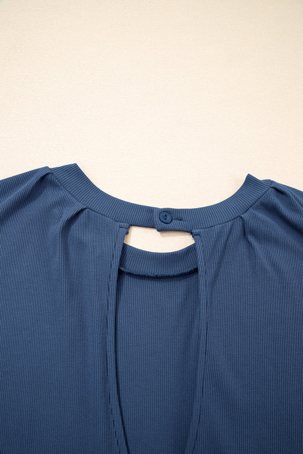 Ashleigh Blue Knit Open Back Cap Sleeve Drawstring Elastic Waistband Romper