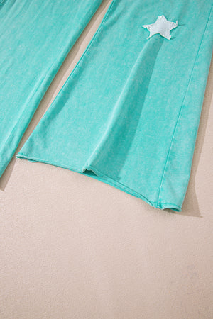 Mint Green Acid Wash Star Patched Rolled Trim Pants Set