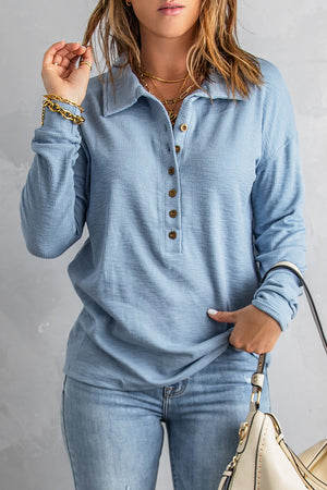 Sky Blue Button Front Turn-down Neck Knit Top