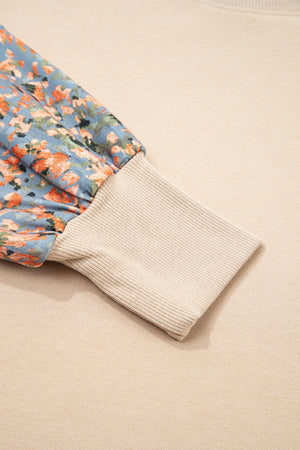 Smoke Gray Plaid Colorblock Patchwork Sleeve Raw Seam Sweatshirt