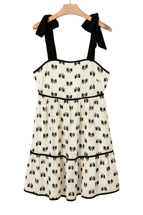 White Bow Knot Color Contrast Trim Knotted Shoulder Mini Dress