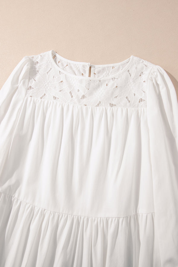 White Floral Lace Patchwork Bracelet Sleeve Tiered Mini Dress
