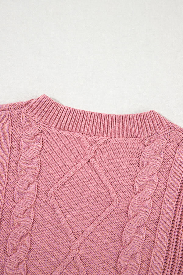 Pink Cable Knit Mixed Textured Short Sleeve Sweater