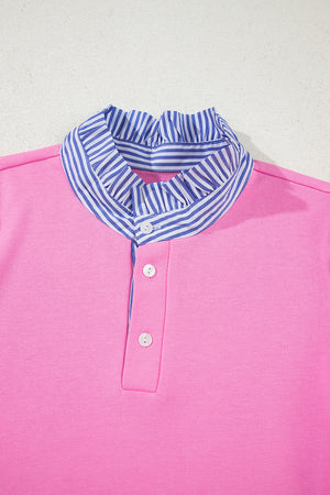 Pink Contrast Striped Collar Patchwork Puff Sleeve Ruffle Hem Mini Dress