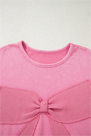Bonbon Waffle Bowknot Patchwork Graphic Mineral Wash Plus Size Sweatshirt