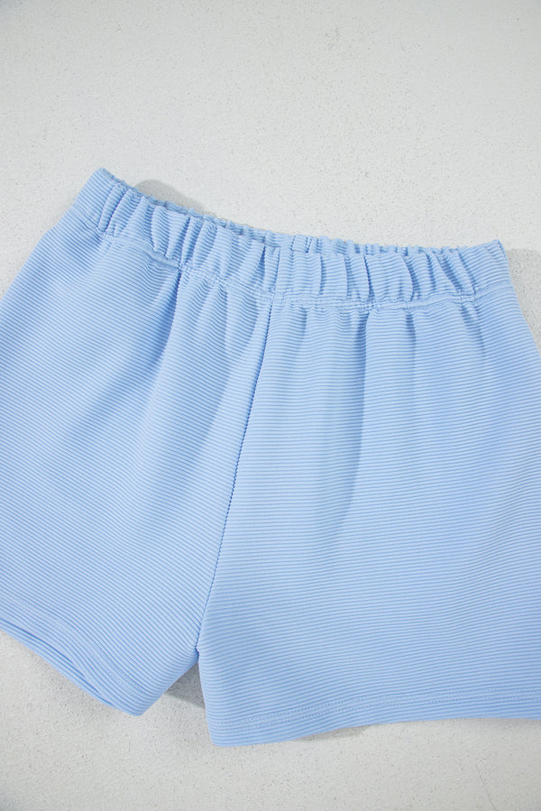 Beau Blue Ribbed Texture Half Zip Ruffled Short Sleeve Top and Shorts Set