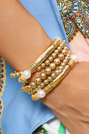 Gold 5pcs Pearl Plated Beaded Bracelet Set